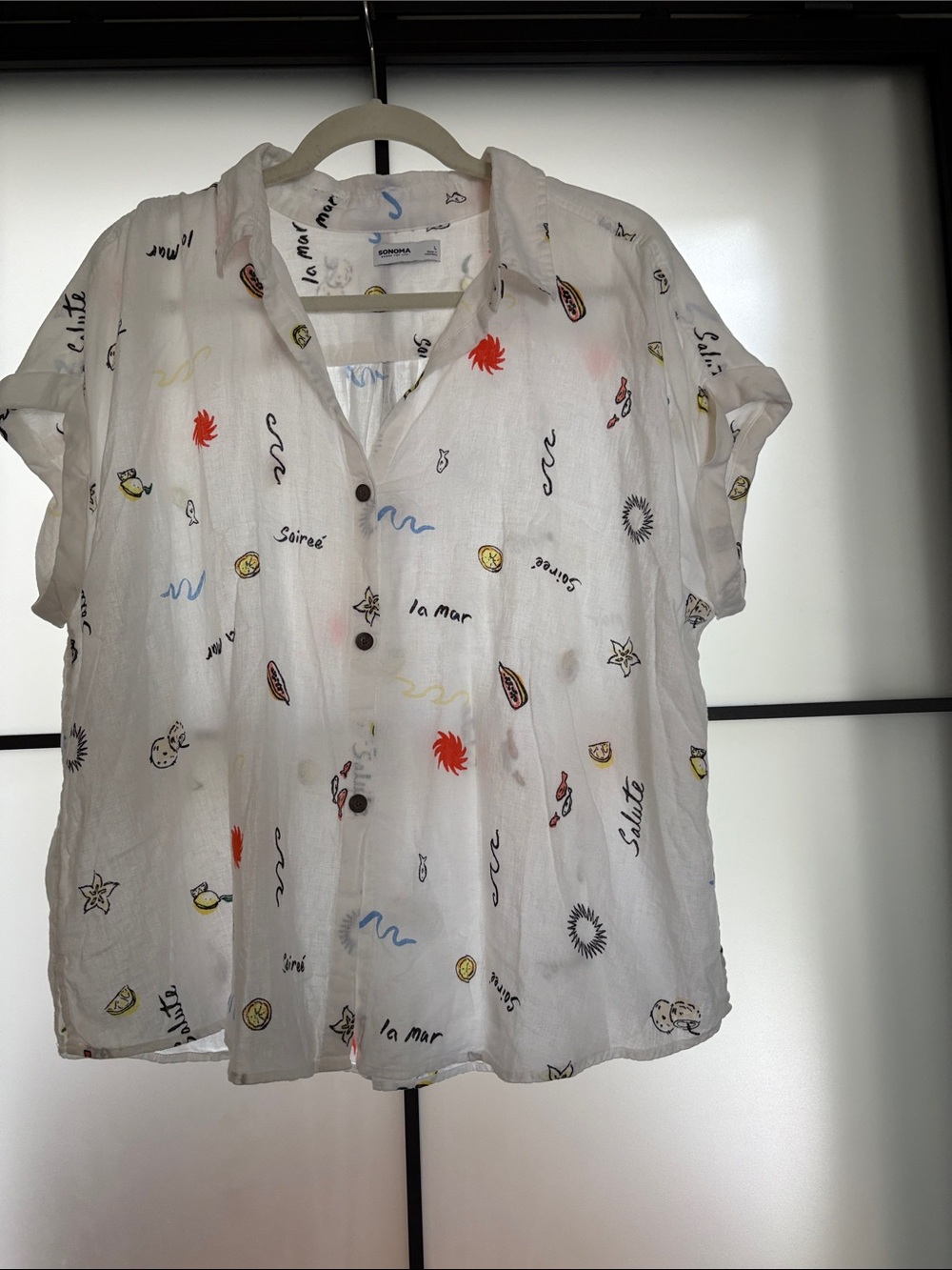 Soma White Short-Sleeve Button-Down Shirt with Multicolor Nautical Motifs